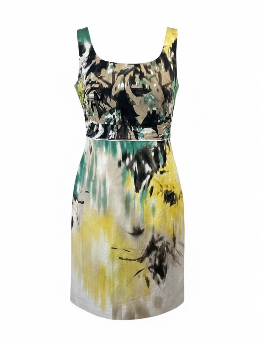 Tahari Sleeveless Sheath Dress Yellow Watercolor Pattern Size Med Side Zip